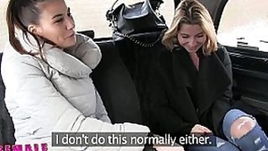 Female Fake Taxi Skinny sexy Czech lesbians fucking with tits have strap on fun in taxi