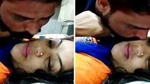 Bearded man kisses his shy Indian wife playing with full XXX lips on camera