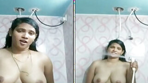 Indian girl sex with her juicy melons satisfies pussy in the shower room