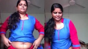 A seductive wife reveals her large breasts and intimate area to her partner