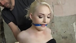 Gagged blonde bdsm sub toyed by maledom