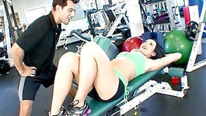 busty babe Melissa riding her fitness trainers cock at the gym